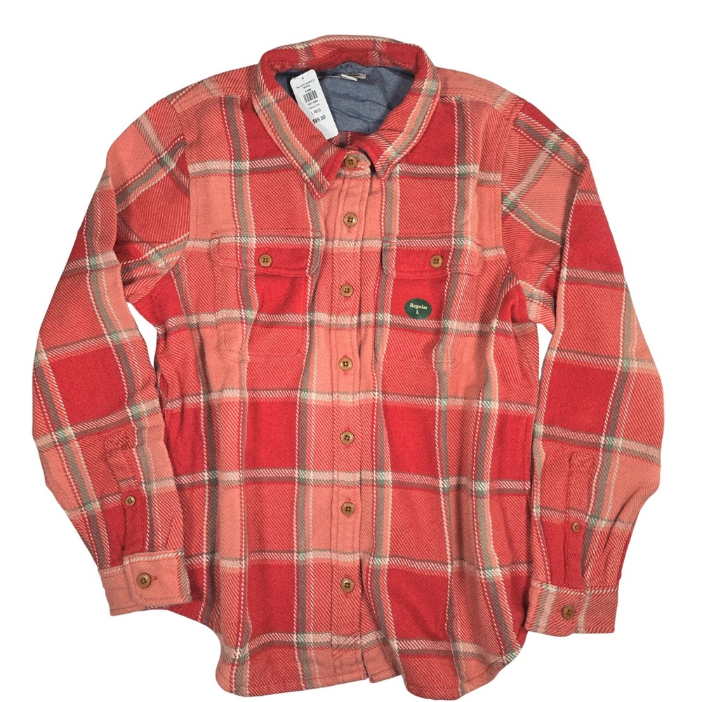LL Bean 1912 Overshirt Plaid Flannel Deep Coral Pink Red Womens Large 516066